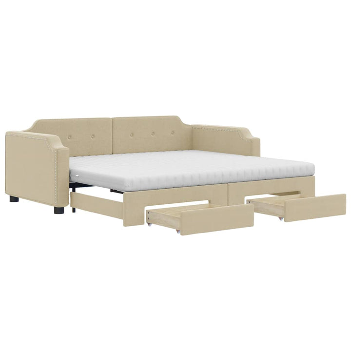 daybed med udtræk og skuffer 100x200 cm stof cremefarvet