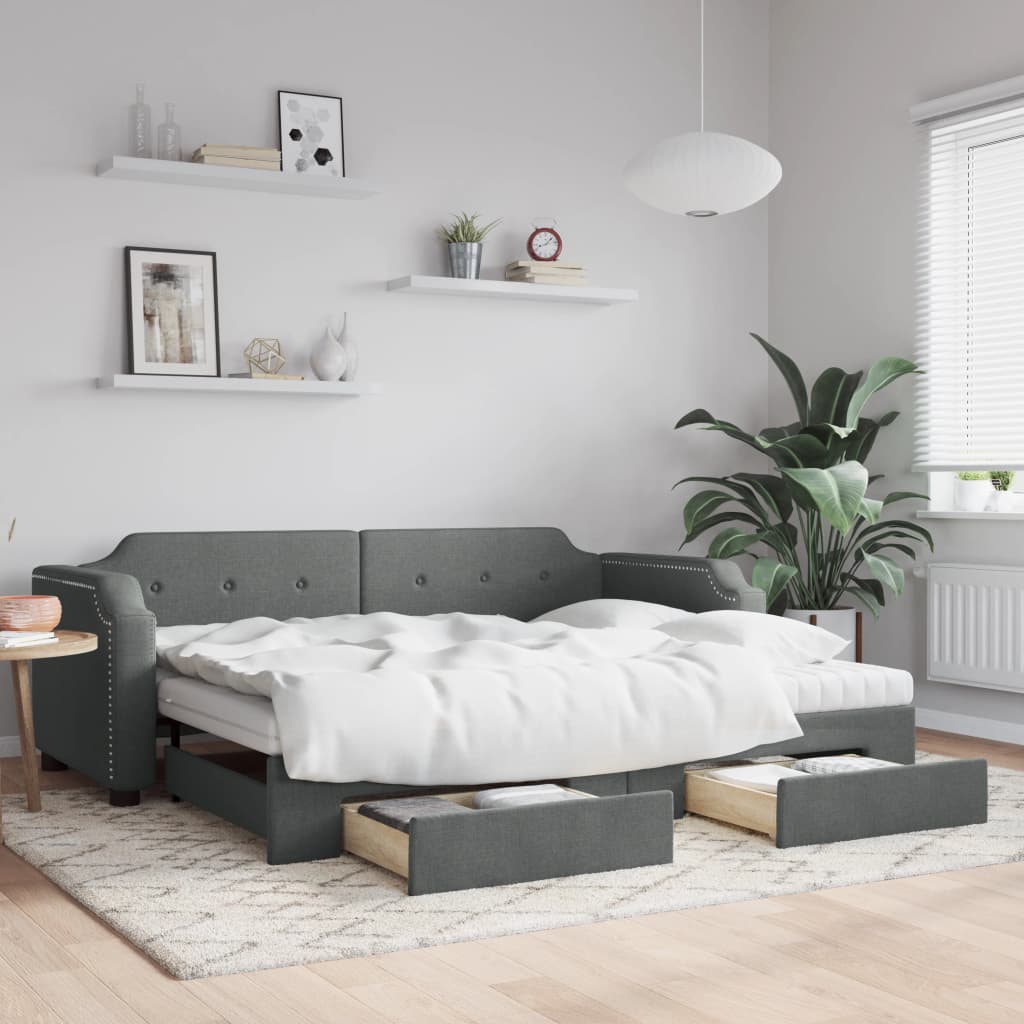 daybed med udtræk og skuffer 90x190 cm stof mørkegrå
