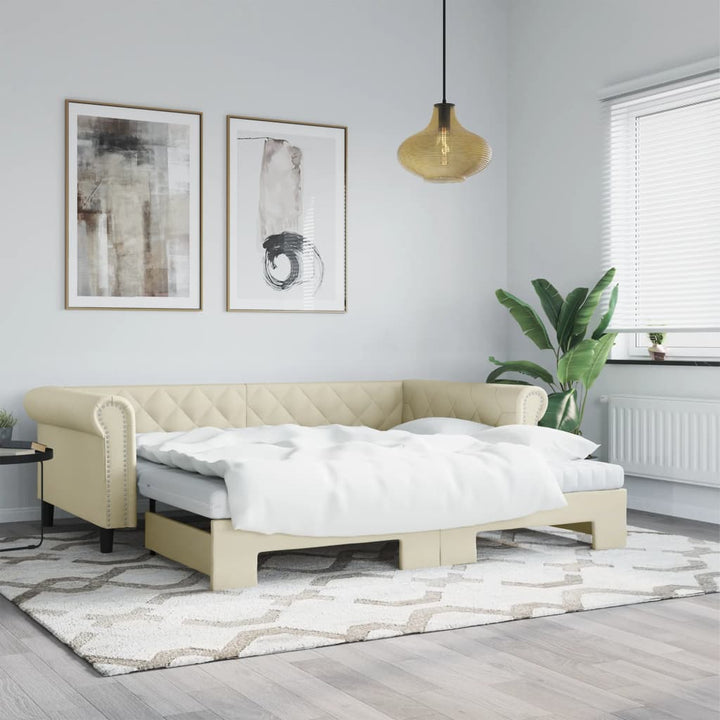 daybed med udtræk og madrasser 90x200 cm kunstlæder cremefarvet