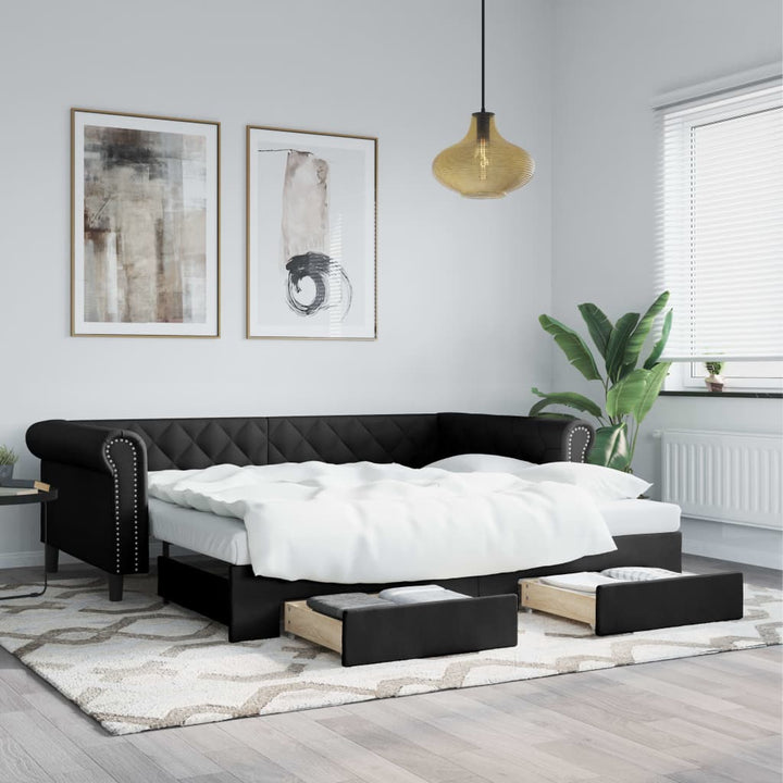 daybed med udtræk og skuffer 90x200 cm kunstlæder sort