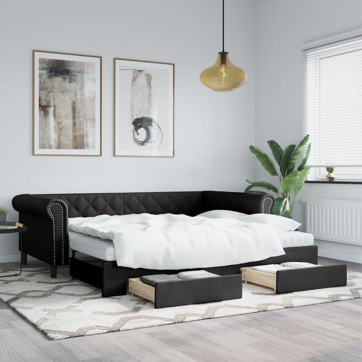 daybed med udtræk og skuffer 90x200 cm kunstlæder sort