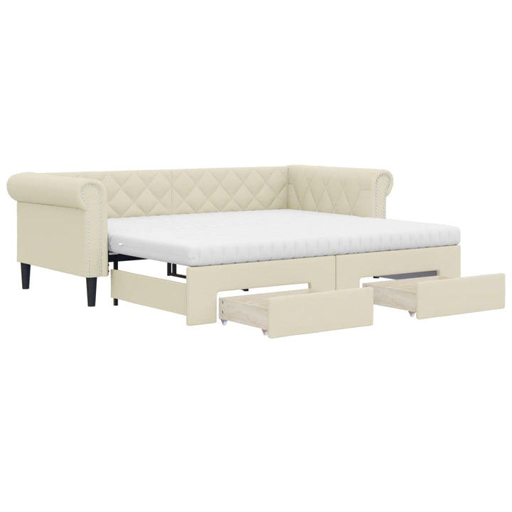 daybed med udtræk og skuffer 90x200 cm kunstlæder cremefarvet