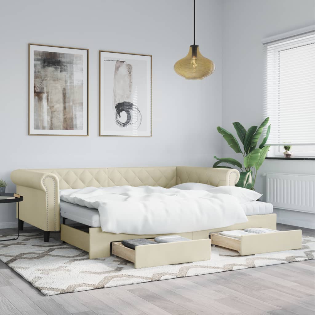 daybed med udtræk og skuffer 90x200 cm kunstlæder cremefarvet