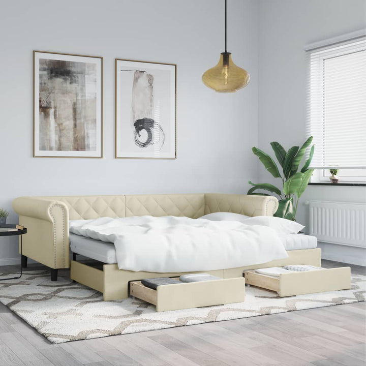 daybed med udtræk og skuffer 90x200 cm kunstlæder cremefarvet