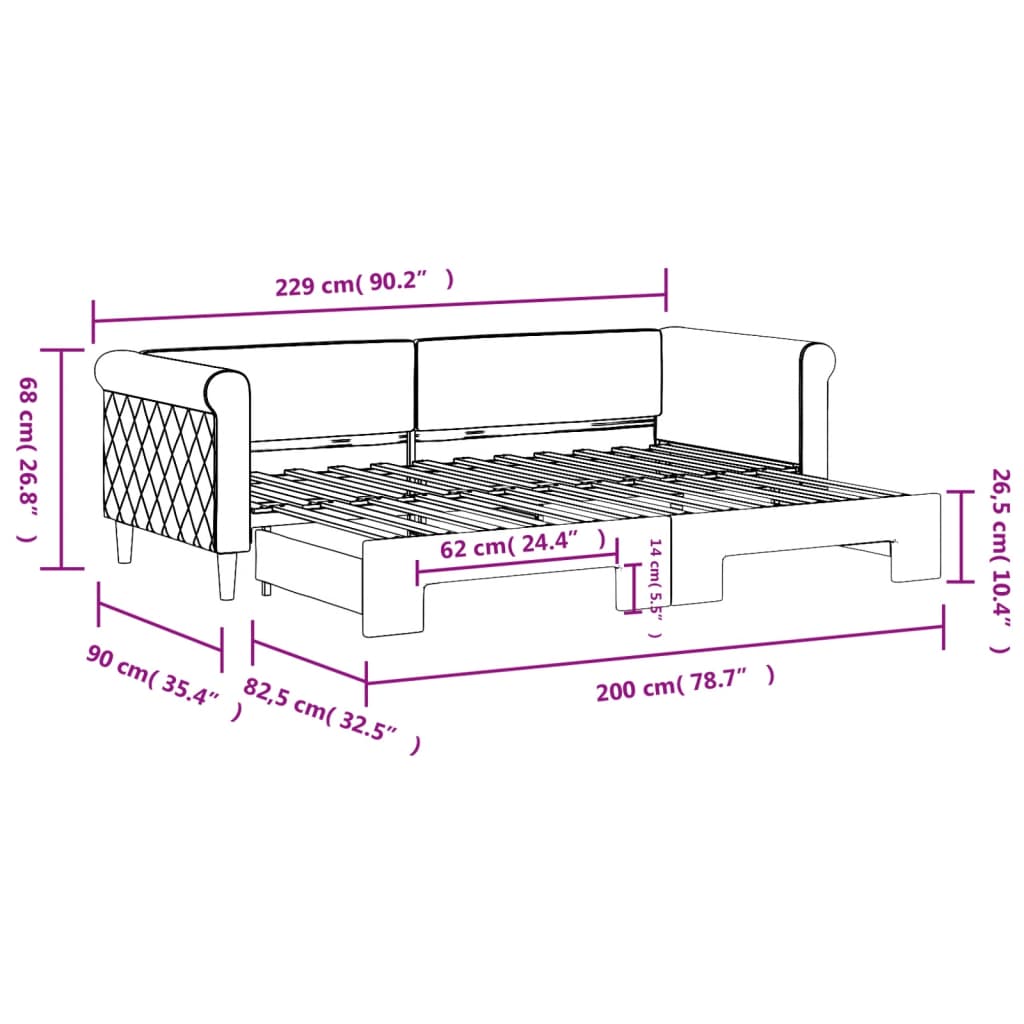 daybed med udtræk 80x200 cm velour mørkegrå