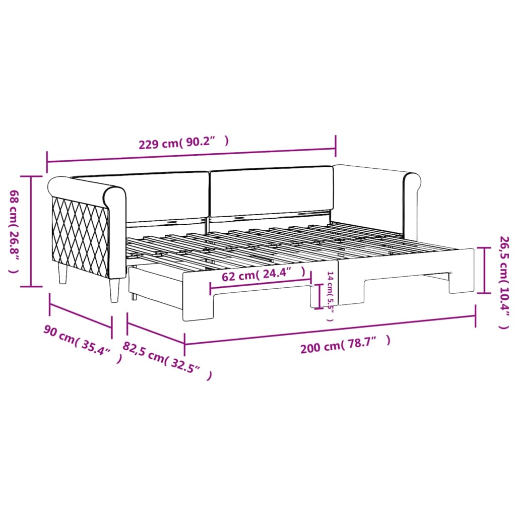 daybed med udtræk 80x200 cm velour sort
