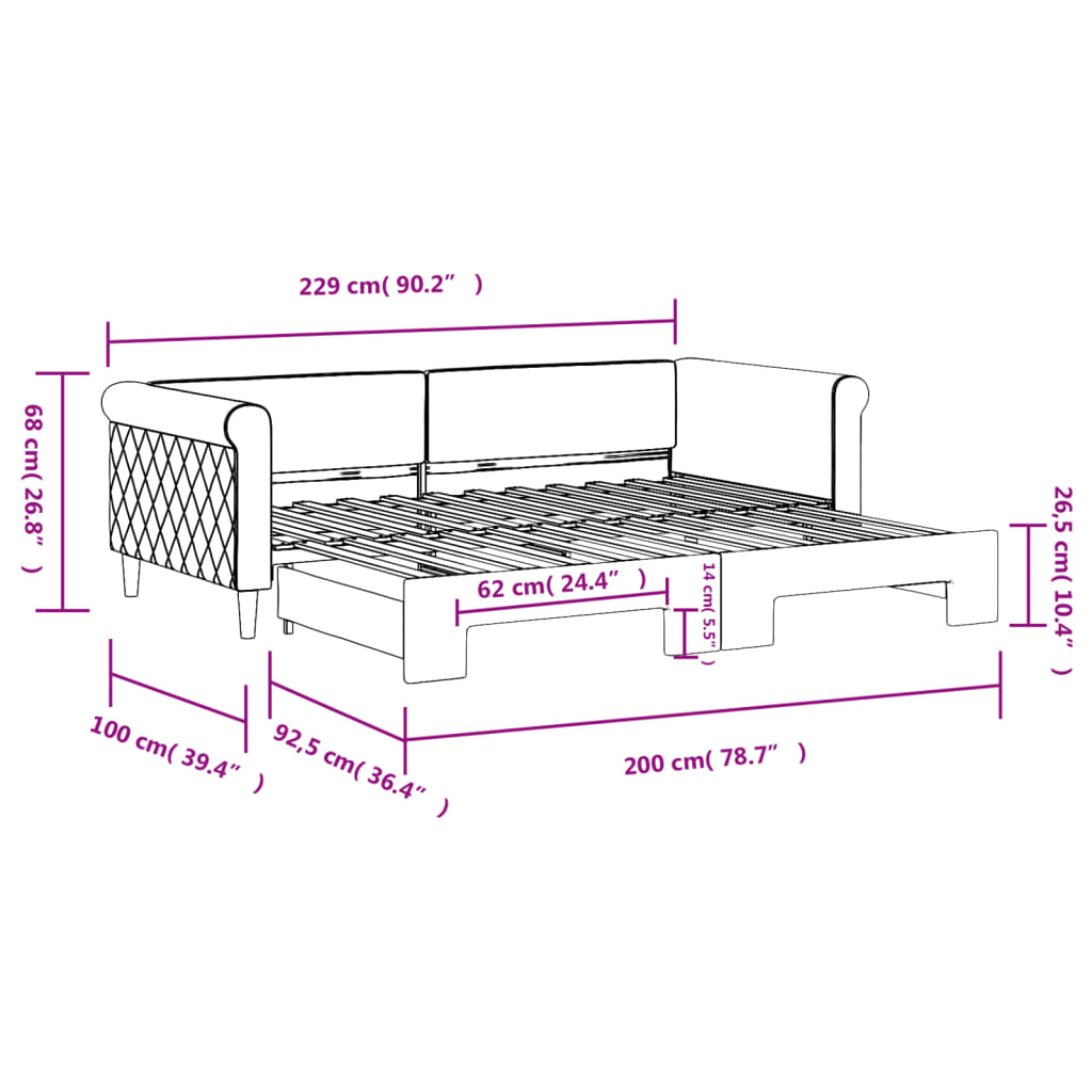 daybed med udtræk 90x200 cm velour lyserød