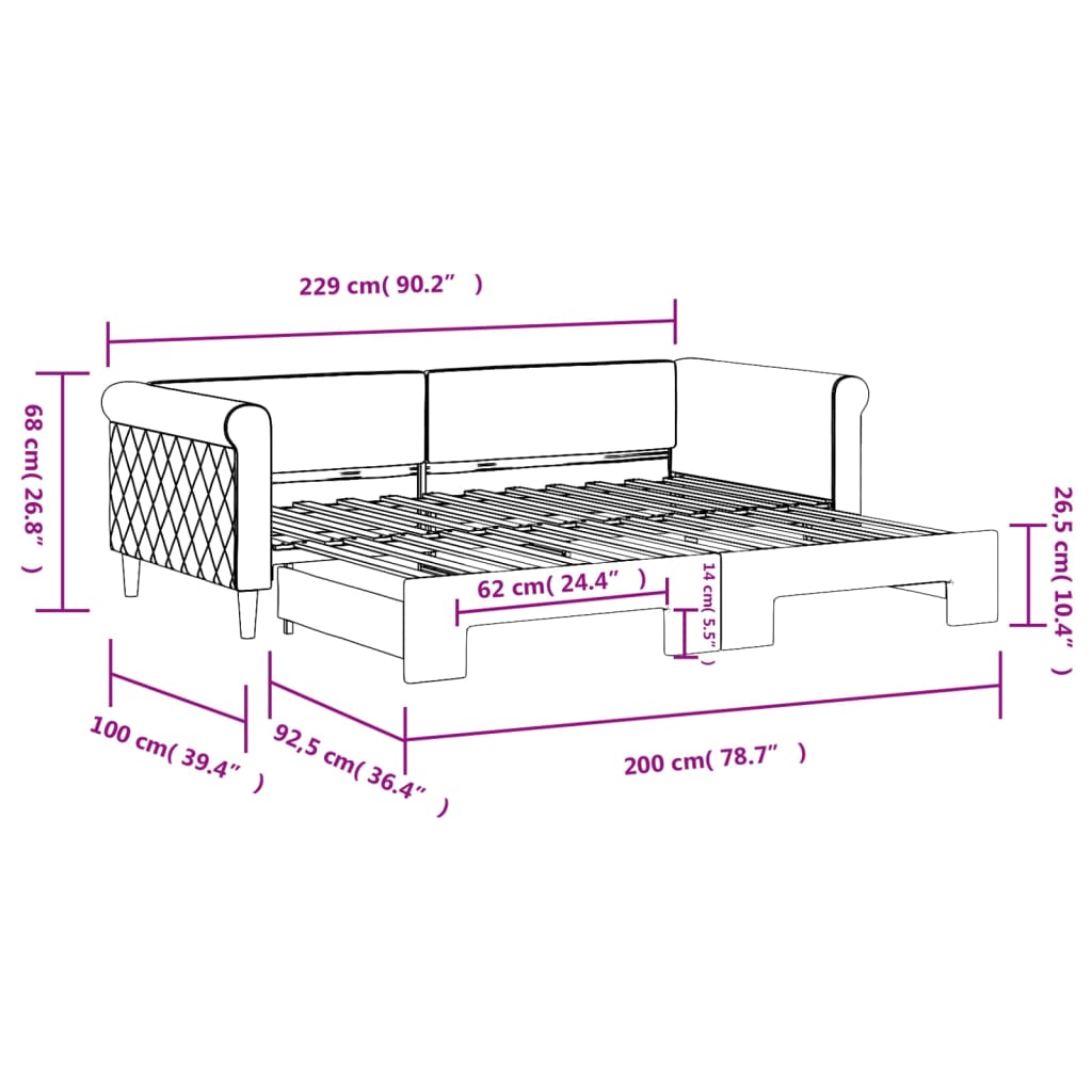 daybed med udtræk 90x200 cm velour sort
