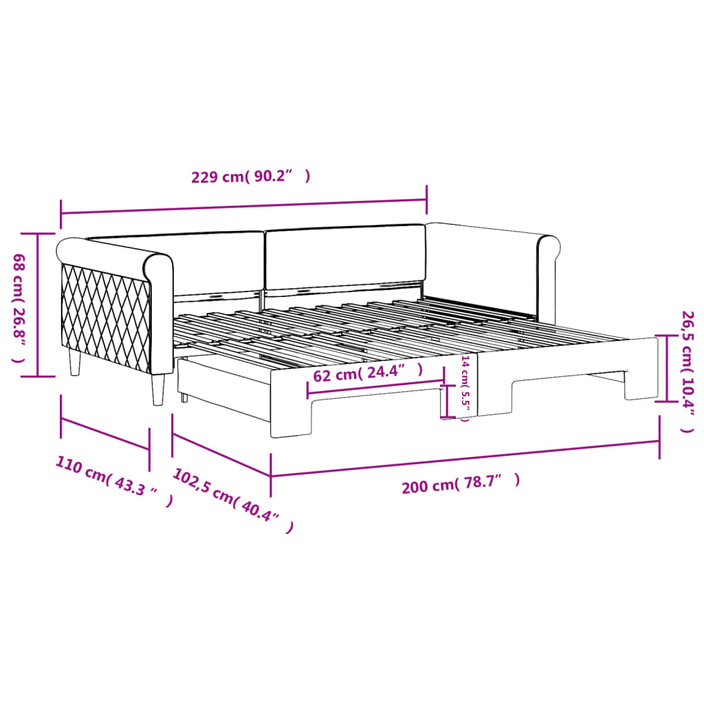 daybed med udtræk 100x200 cm velour blå
