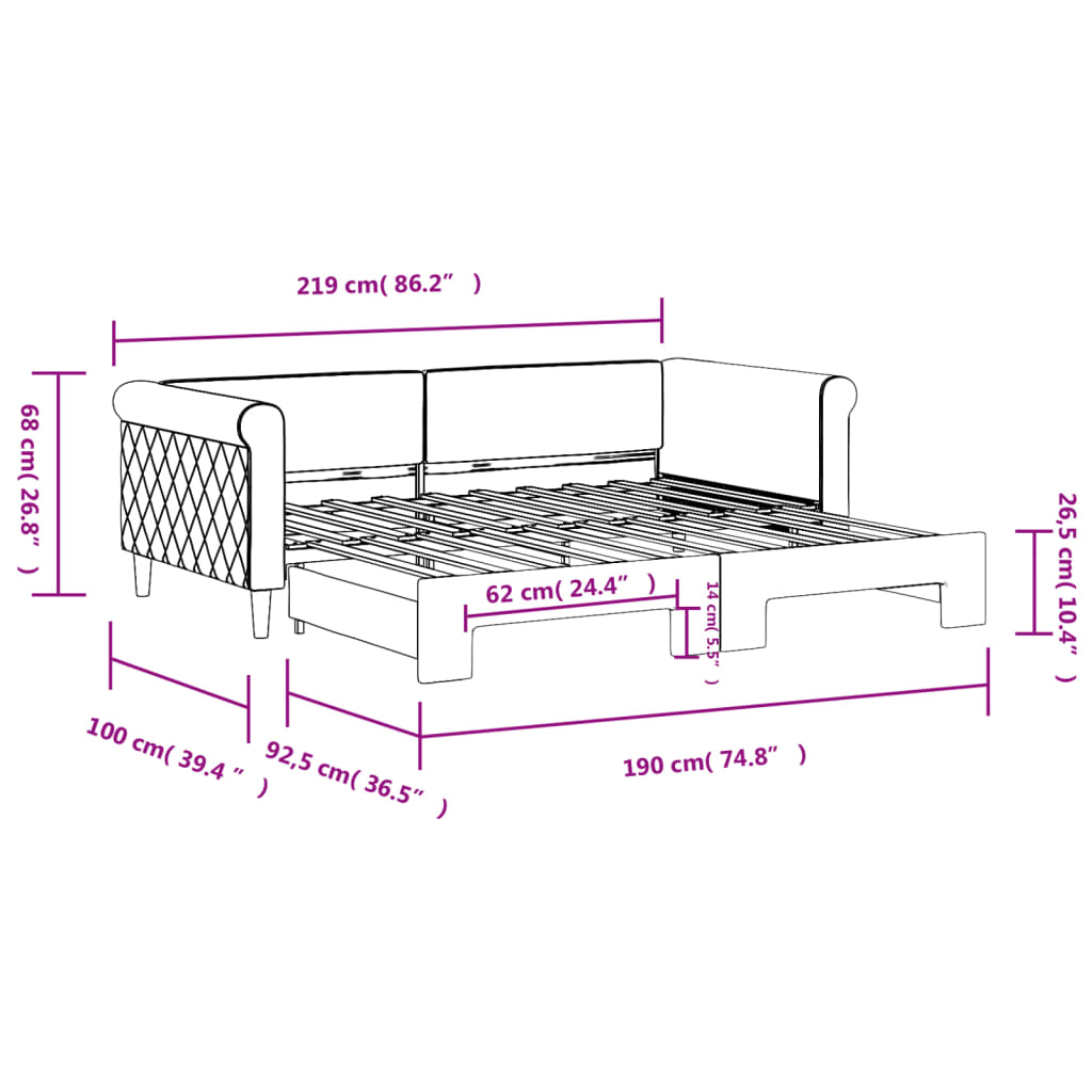 daybed med udtræk 90x190 cm velour lysegrå