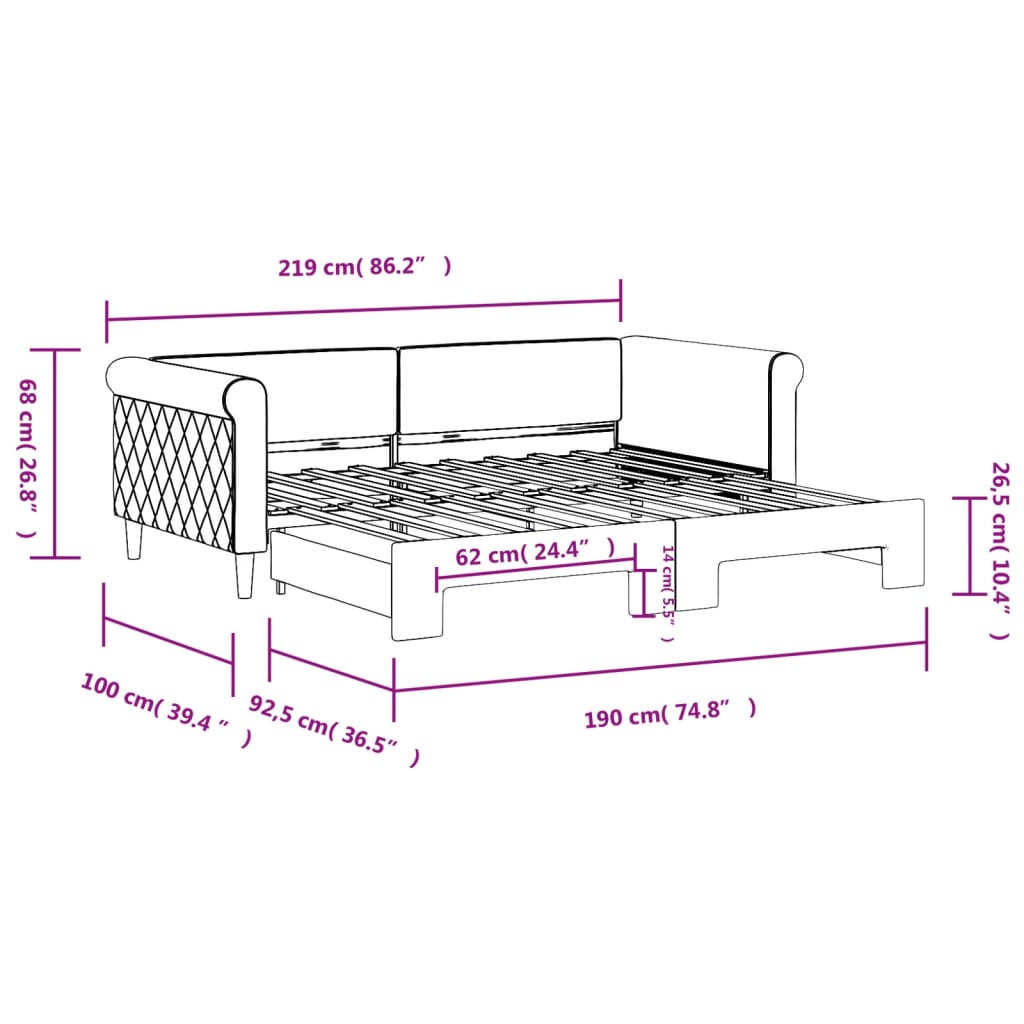 daybed med udtræk 90x190 cm velour sort