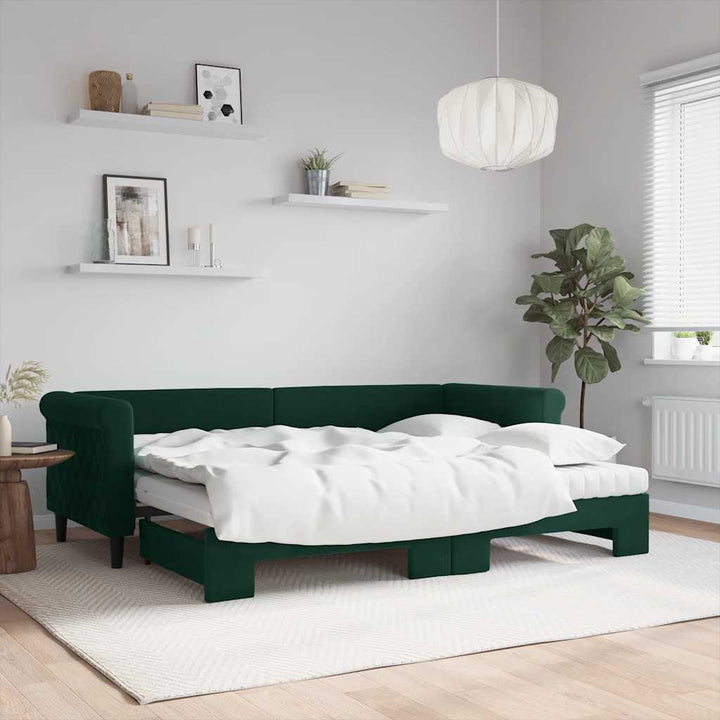daybed med udtræk og madras 80x200 cm velour mørkegrøn