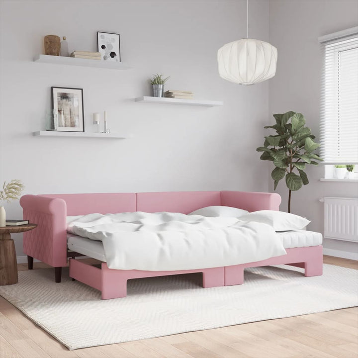 daybed med udtræk og madras 80x200 cm velour lyserød