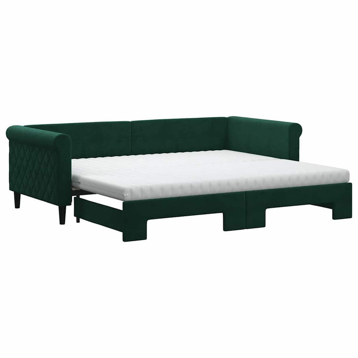 daybed med udtræk og madras 90x200 cm velour mørkegrøn