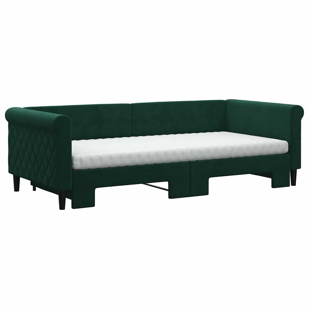 daybed med udtræk og madras 90x200 cm velour mørkegrøn