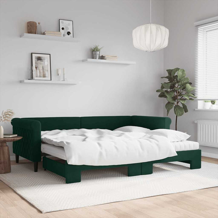 daybed med udtræk og madras 90x200 cm velour mørkegrøn