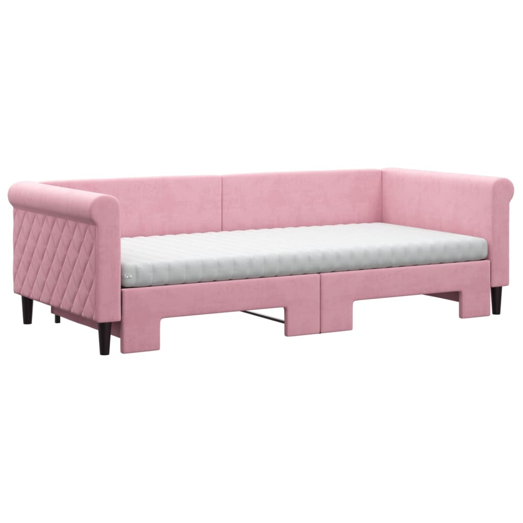 daybed med udtræk og madras 90x200 cm velour lyserød