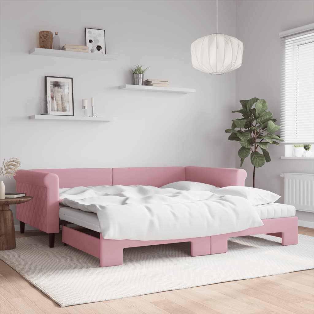daybed med udtræk og madras 100x200 cm velour lyserød