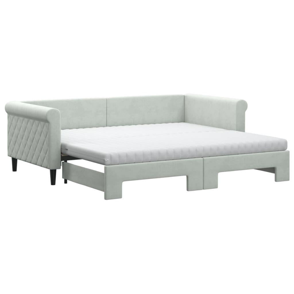 daybed med udtræk og madras 90x190 cm velour lysegrå