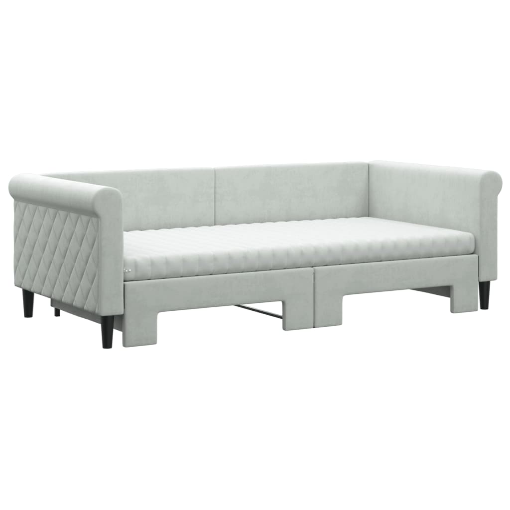 daybed med udtræk og madras 90x190 cm velour lysegrå