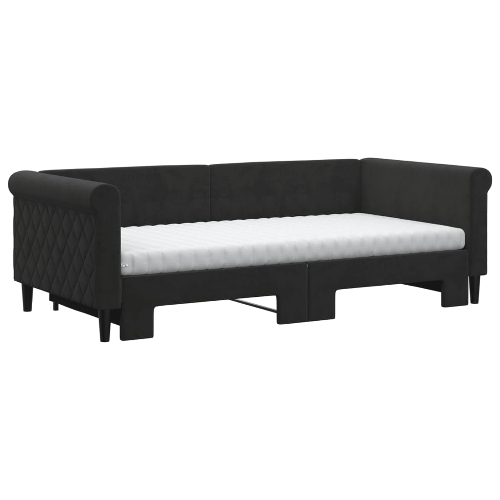daybed med udtræk og madras 90x190 cm velour sort