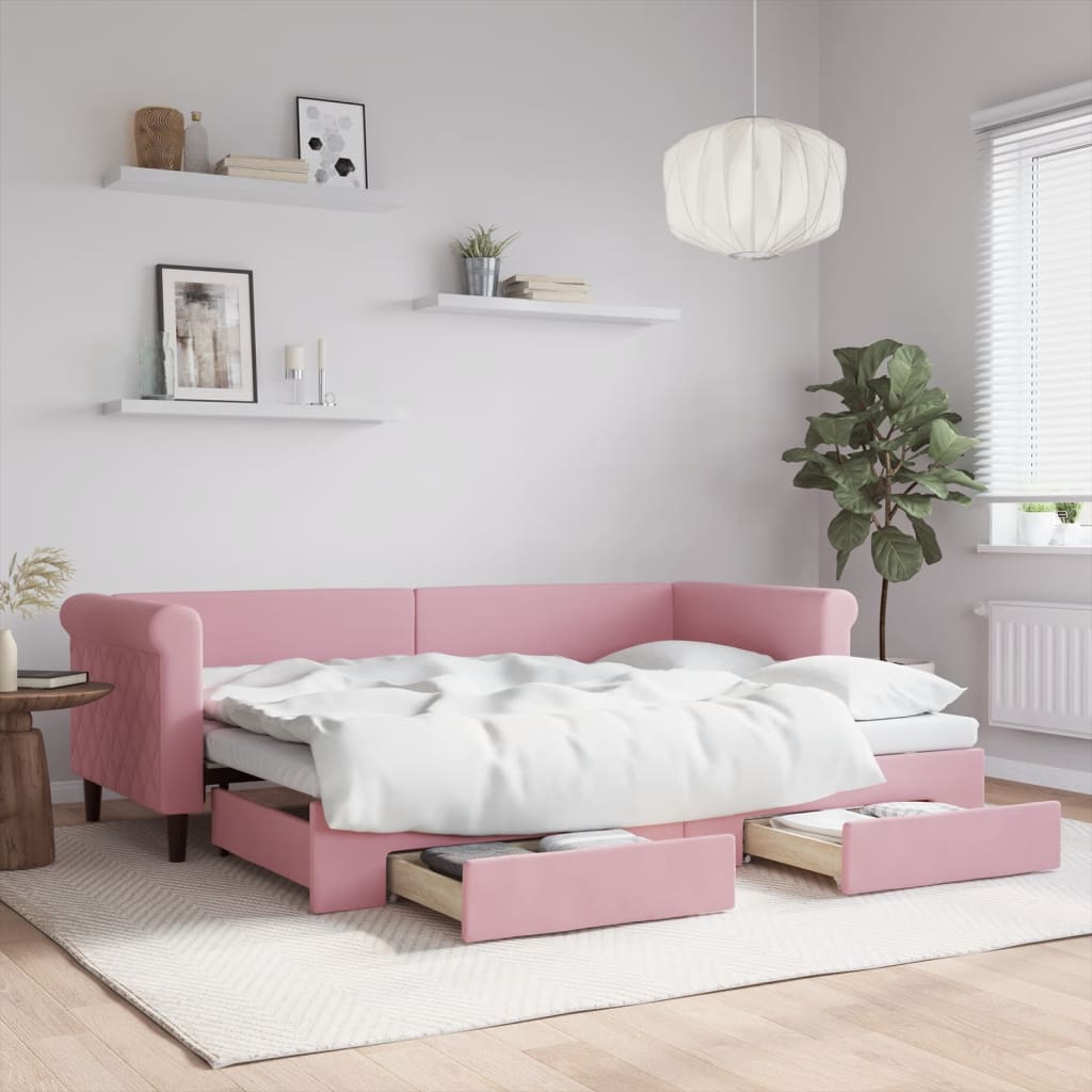 daybed med udtræk og skuffer 80x200 cm velour lyserød