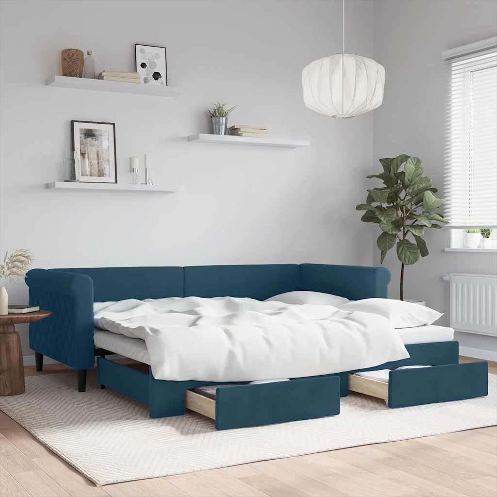daybed med udtræk og skuffer 90x200 cm velour blå