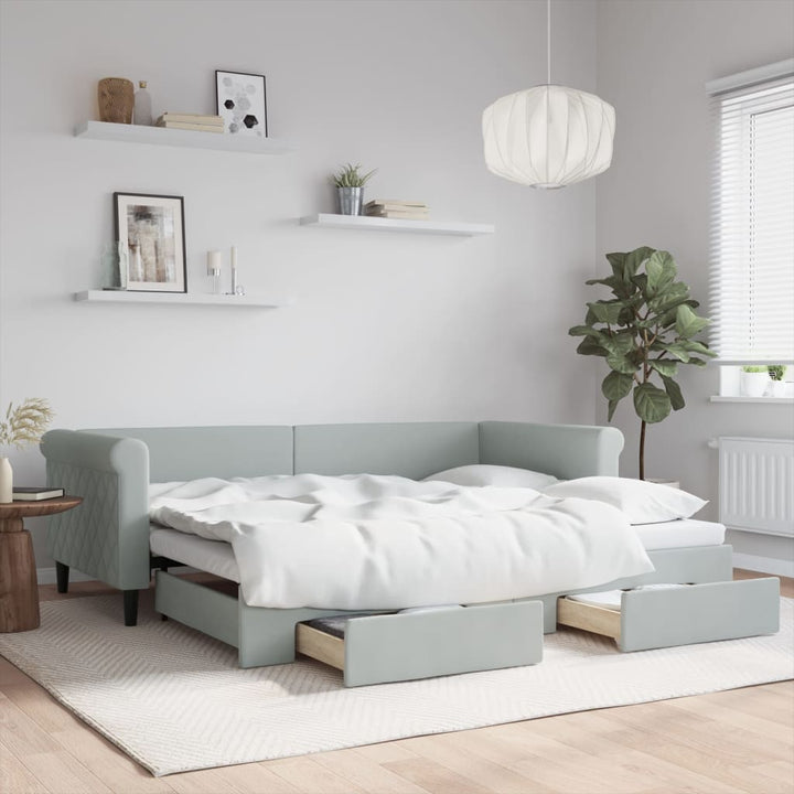 daybed med udtræk og skuffer 90x200 cm velour lysegrå