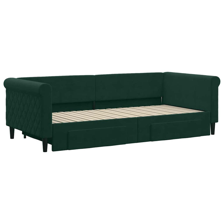 daybed med udtræk og skuffer 90x200 cm velour mørkegrøn