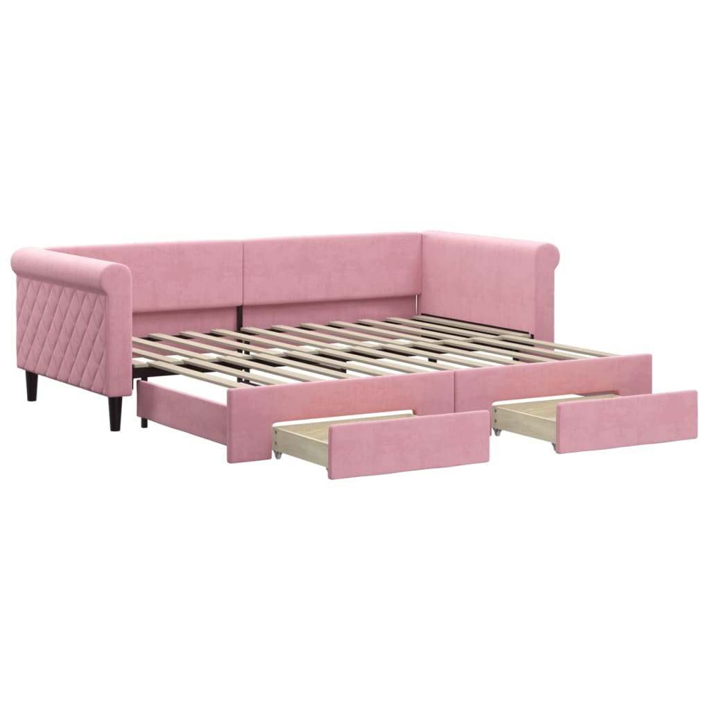 daybed med udtræk og skuffer 90x200 cm velour lyserød