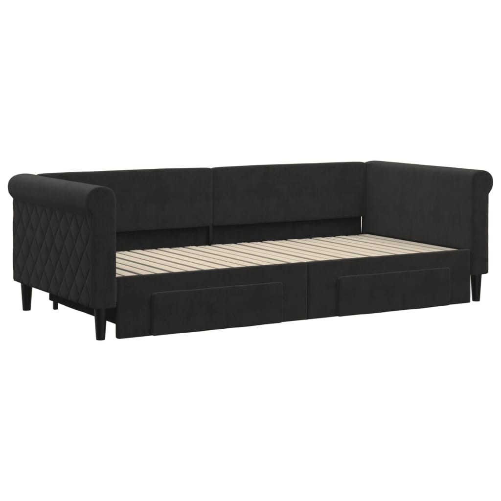 daybed med udtræk og skuffer 90x200 cm velour sort