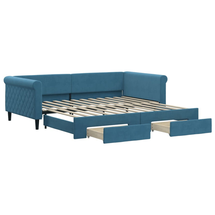 daybed med udtræk og skuffer 100x200 cm velour blå