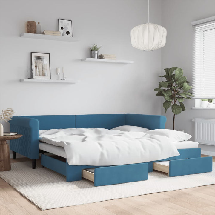 daybed med udtræk og skuffer 100x200 cm velour blå