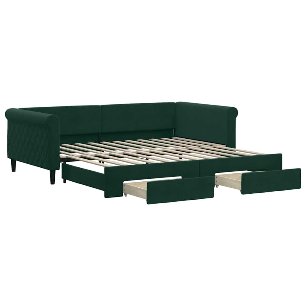 daybed med udtræk og skuffer 100x200 cm velour mørkegrøn