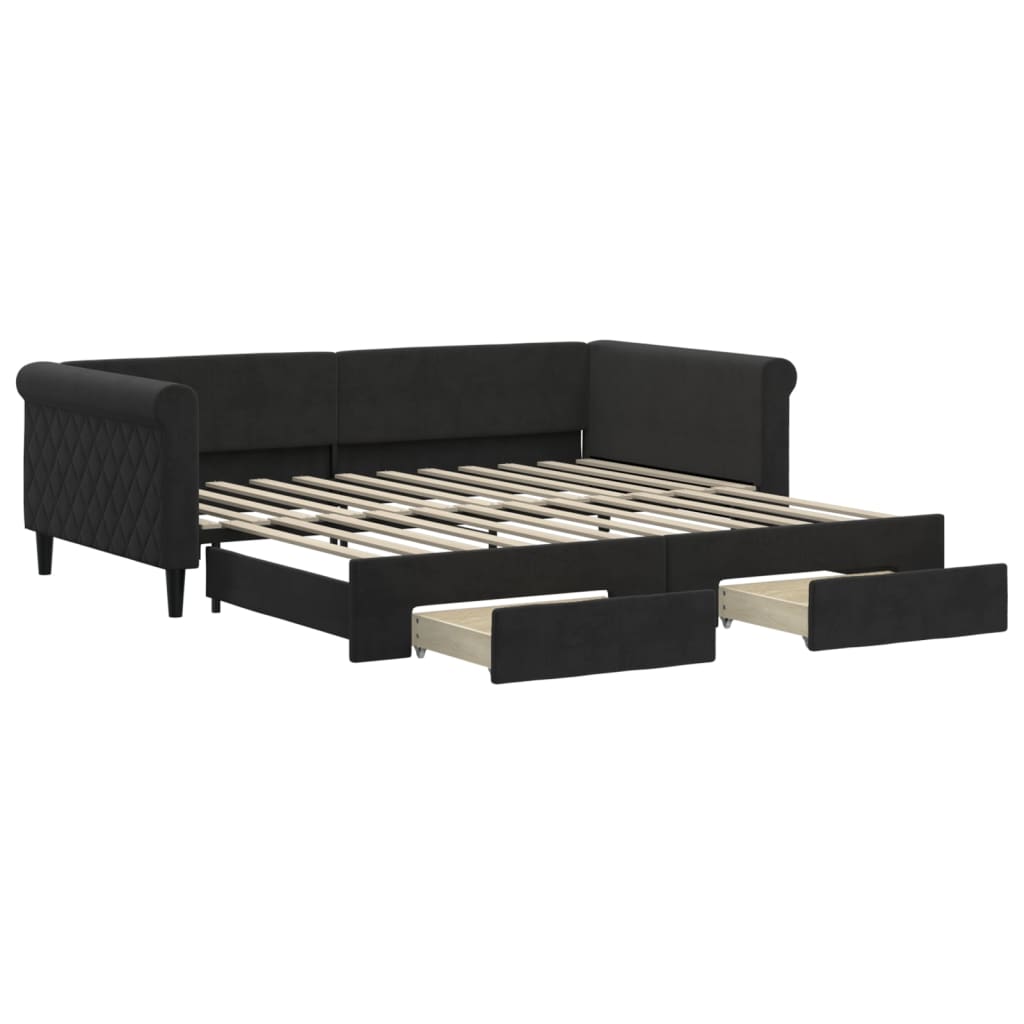daybed med udtræk og skuffer 100x200 cm velour sort