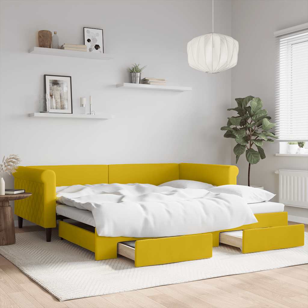 daybed med udtræk og skuffer 100x200 cm velour gul