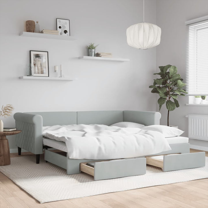 daybed med udtræk og skuffer 90x190 cm velour lysegrå
