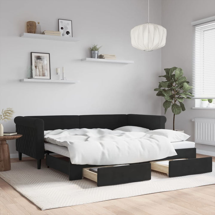 daybed med udtræk og skuffer 90x190 cm velour sort