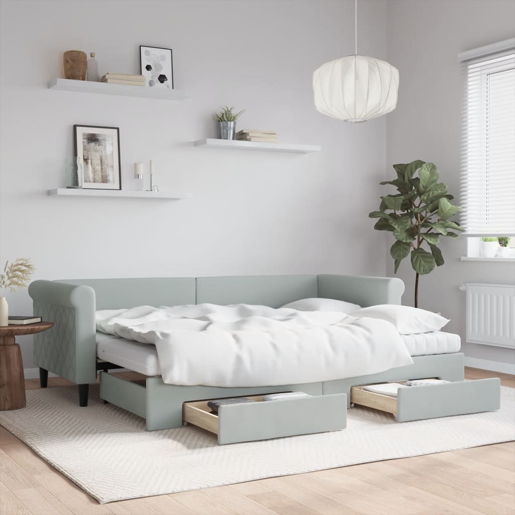 daybed med udtræk og skuffer 80x200 cm velour lysegrå