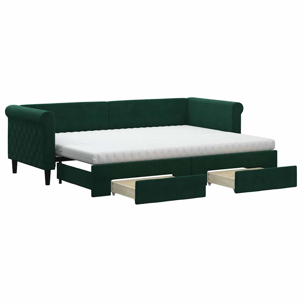 daybed med udtræk og skuffer 80x200 cm velour mørkegrøn