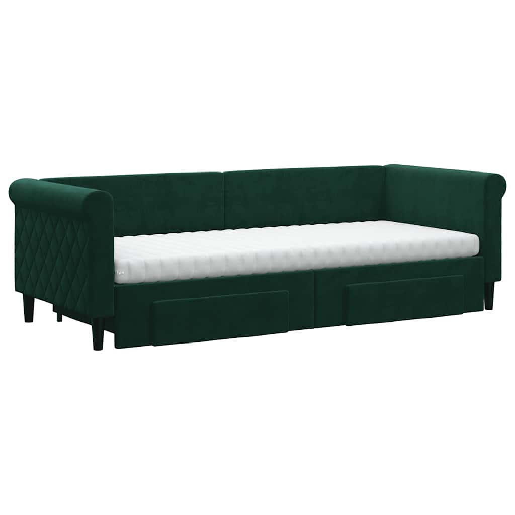 daybed med udtræk og skuffer 80x200 cm velour mørkegrøn