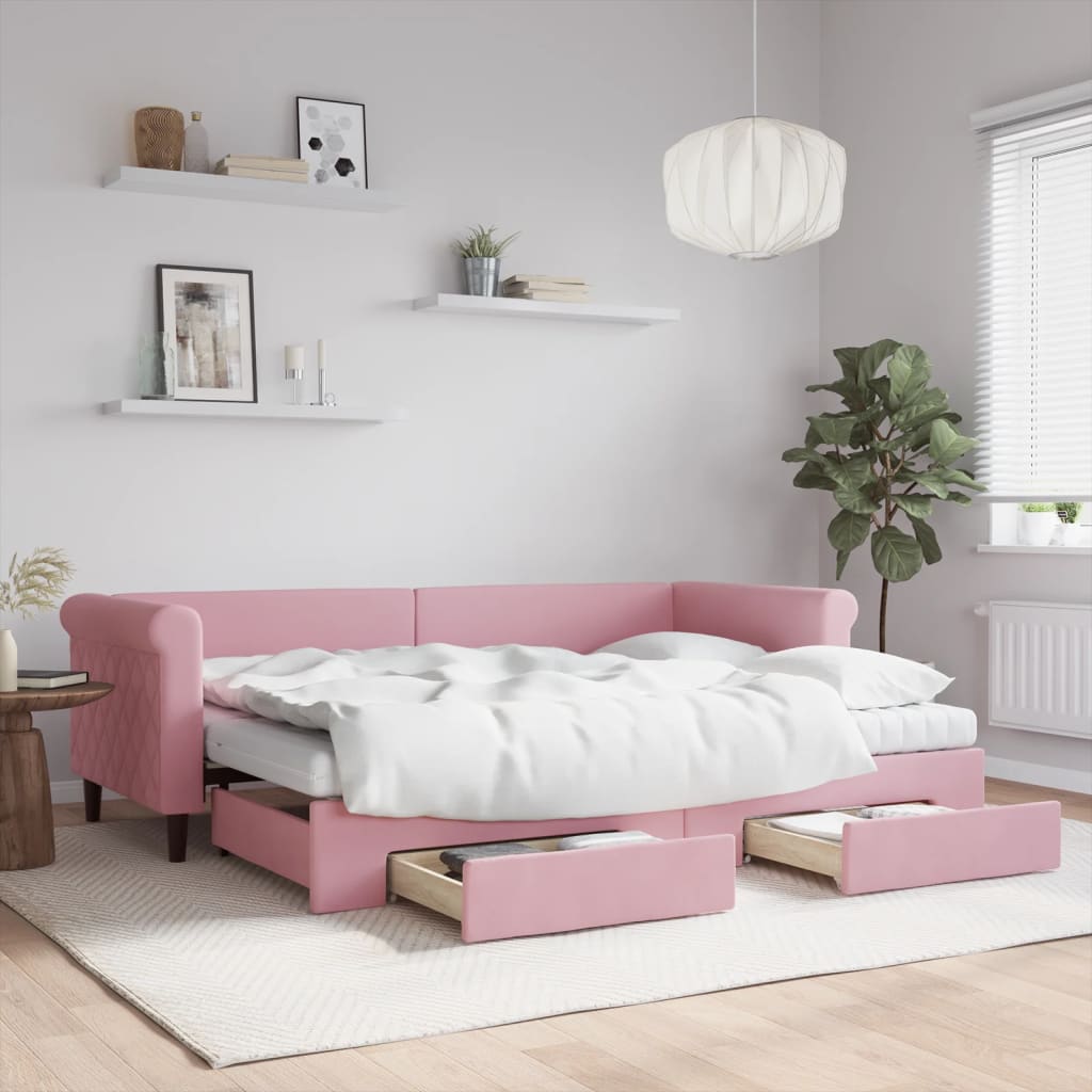 daybed med udtræk og skuffer 80x200 cm velour lyserød