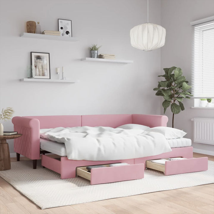 daybed med udtræk og skuffer 80x200 cm velour lyserød