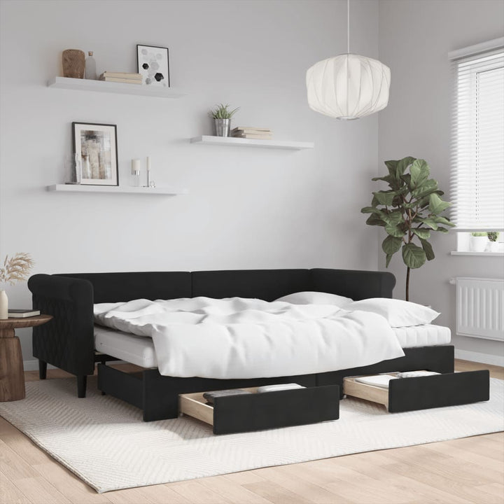 daybed med udtræk og skuffer 80x200 cm velour sort