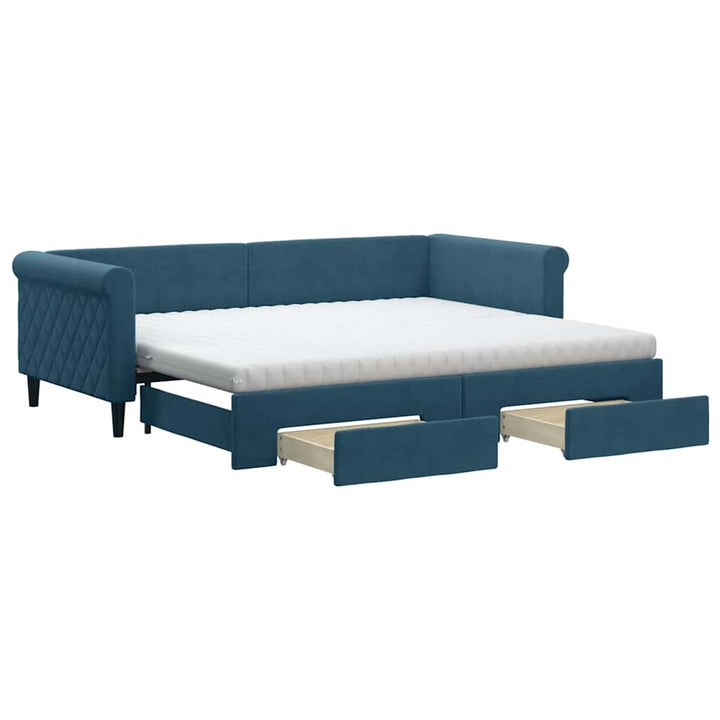 daybed med udtræk og skuffer 90x200 cm velour blå