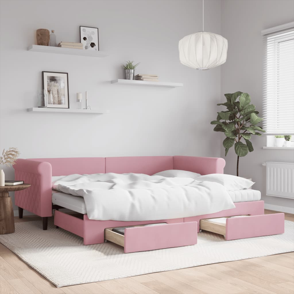 daybed med udtræk og skuffer 90x200 cm velour lyserød