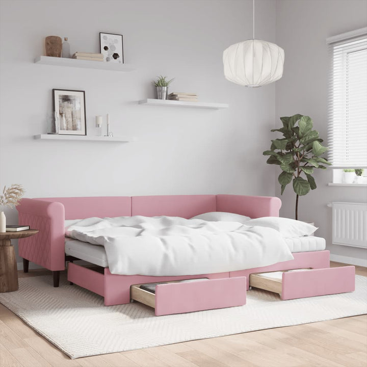 daybed med udtræk og skuffer 90x200 cm velour lyserød