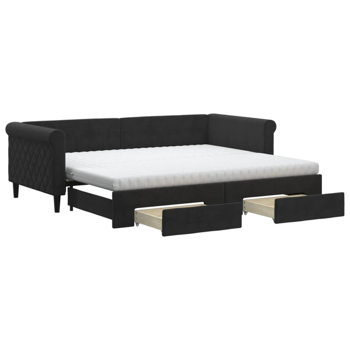 daybed med udtræk og skuffer 90x200 cm velour sort