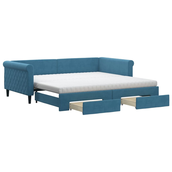 daybed med udtræk og skuffer 100x200 cm velour blå