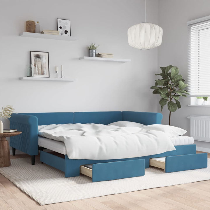 daybed med udtræk og skuffer 100x200 cm velour blå